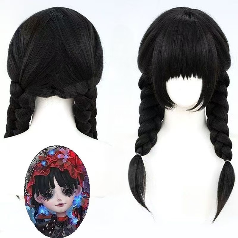 Anime Cosplay Girl With Black Hair - شعر مستعار صناعي بضفائر مزدوجة سوداء